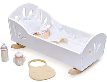 Tender Leaf Toys Sweet Swan Dolly Bed - Wooden Baby Doll Rocking Cot Cradle With Bedding