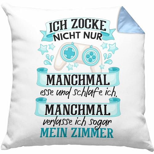 Trendation Zocker Video Gamer Kissen mit Füllung 40x40 Geschenk Games PC Lustige Gaming Spruch Geschenk Jungs Gaming (Blau)