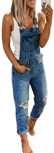 Onsoyours Salopette Donna Jeans retrò in Denim Lunga Regolabile Cinturino Senza Maniche Tute Baggy Pantaloni Dungarees Overall Jumpsuit con Tasche E BluScuro L