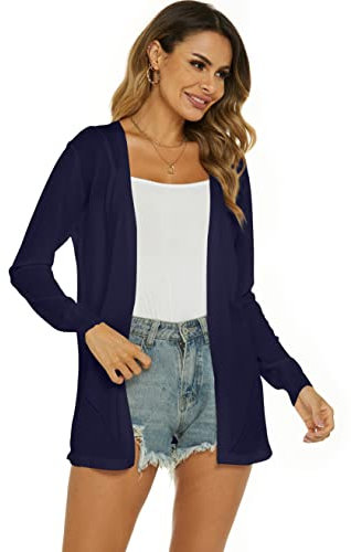 Ietaoo Gilet Long Femme Été Cardigan Veste Tricot Léger Manches Longues Gilet Elégant Ouverte Cardigan Bleu Marine L