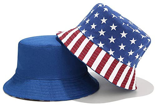 Reversible American US Flag Bucket Hat Women Youth Stars Stripes USA Flags Patriotic Sun Hats Anti-UV Portable Travel Beach Cap Topee Camping Fishing Fisherman Hat