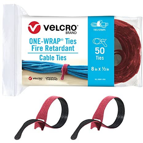 VELCRO Brand Fire Retardant Cable Ties | 50pk ONE-WRAP FR Cable Straps for Contractors, Installers or Home Use | 8 Inch PreCut Cable Management Ties | Cranberry
