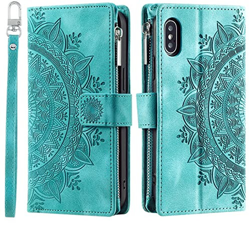VEEMOS Wallet Case for iPhone X/XS Flower Flip Case Protective Leather Folio Book Phone Cover with Card Slots Kickstand Zipper Pocket - Green