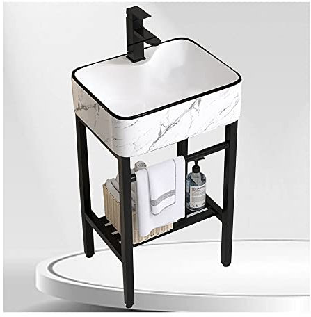 Lavabo Independiente Lavabo de baño de cerámica Blanca Fregadero de Uso Comercial para lavadero, con Patas de Metal de Acero Inoxidable Soporte de tocador Estante de Almacenamiento Negro (Color : D,