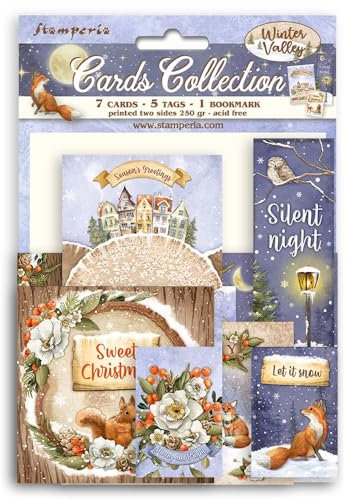 Stamperia - Cards Selection, Acid-Free, Printed on 2 Sides, Choice of Sizes and Designs, Perfect for Crafts and Gifting (All You Need for Christmas, Winter Valley) (7 Cards, 5 Tags, 1 Bookmark)