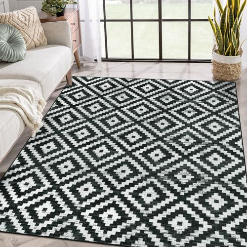 Lahome Schwarz-weißer Teppich für Wohnzimmer, waschbarer großer Schlafzimmerteppich, 20,3 x 25,4 cm, rutschfest, niedriger Flor, Esszimmerteppich, Boho, marokkanisches Spalier, moderner bedruckter