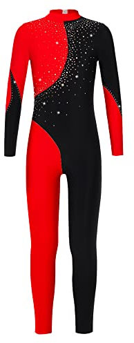 iEFiEL Mädchen Langarm Turnanzug Zweifarbig Ganzkörperanzug Sportlich Body Kinder Glitzer Gymnastikanzug Tanzkostüm Tanzanzug Wa Schwarz Rot 134-140