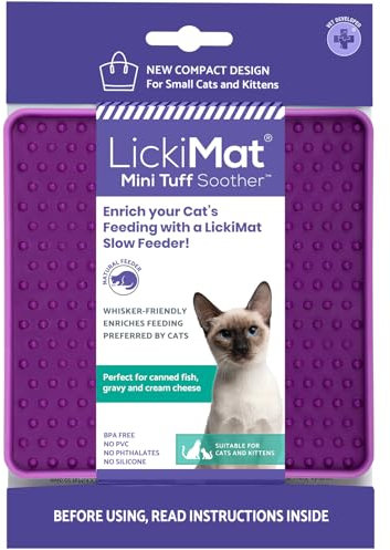 LickiMat Mini Tuff Soother Cat Food Mat, Cat Slow Feeder for Boredom & Anxiety Relief for Cats, Perfect for Food, Treats, Yoghurt & Peanut Butter, Fun Alternative to a Slow Feeding Bowl, Purple