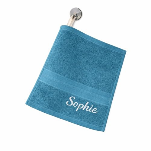 Tendance Cadeau Essuie-Mains Enfant Personnalisé avec Prénom Brodé – 34x34 cm 100% Coton avec Attache – Serviette École Crèche Rentrée Scolaire (Plusieurs Couleurs)