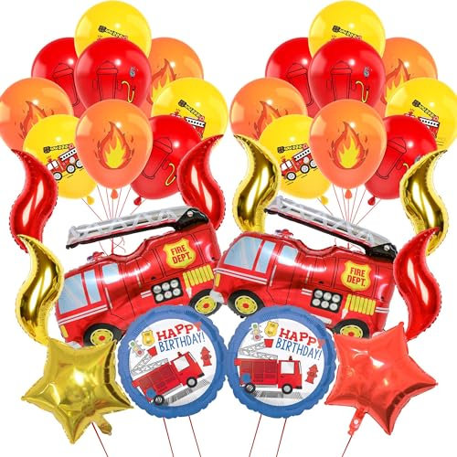 Feuerwehr Kindergeburtstag Luftballon Deko Set - 30 Stück Feuerwehrauto Partygeschirr mit Folienballon Partyzubehörset Feuerwehrauto Luftballon Deko Happy Birthday Banner Geburtstag Deko