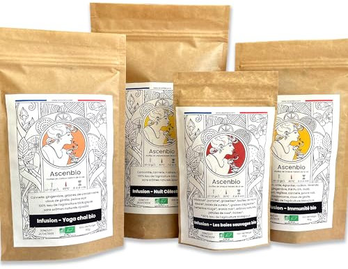 Ascenbio ✿ Coffret Découverte 4 Tisanes BIO du quotidien ✿ Zen et Relaxante, Journée et Soirée ✿ 4 x 60g Vrac ✿ Préparé et conditionné en France ✿ Emballage biodégradable