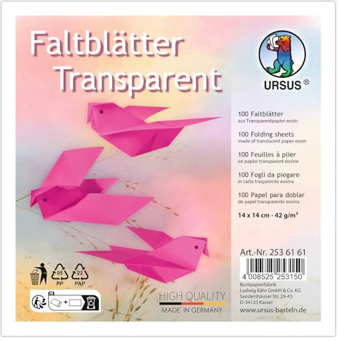 Ursus 2536151 - Faltblätter Transparent Eosin, 42 g/m², 100 Faltblätter 14 x 14 cm, durchgefärbt
