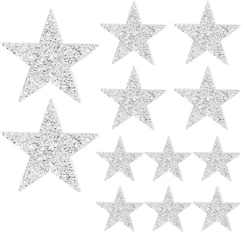 12 Parches de Estrella para Planchar Con Diamantes de Imitación Plateados - Adhesivos de Lentejuelas Vintage Con Purpurina para Ropa, Jeans, Chaquetas, Gorras
