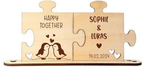 4you Design Holz-Puzzle personalisiert mit 2 Namen & Datum – Pinguine – Romantisches Geschenk für Erwachsene – handgefertigt in Deutschland – Tischdeko für Paare 12x 21,7cm
