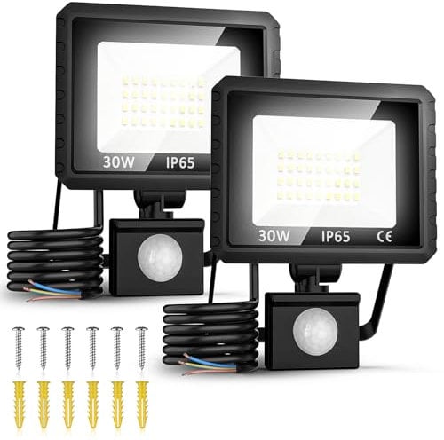 FGRYB 2Pcs Security Lights Motion Sensor, 30W PIR Security Light 3000LM LED Outdoor Floodlight Mains Powered-Flood & Spot Lighting, IP65 Waterproof Spotlight for Garden Garage Patio Backyard Rooftop