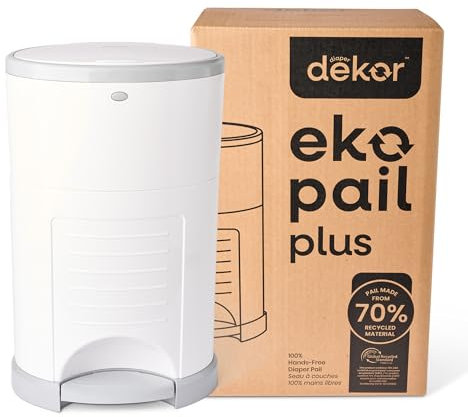 DEKOR Diaper EKO Plus Poubelle à couches, blanche, seulement respectueuse de l'environnement, fabriquée à partir de 70 % de matériaux recyclés, mains libres : étape – drop, prêt, système de recharge
