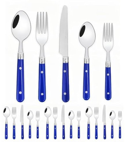 Two Nail Plastic Handle Kitchen Stainless Steel Silverware Tableware Flatware Cutlery Set Steak Knife Fork Spoon Teaspoon (Blue,20 Pieces)