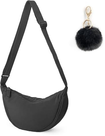 AWAVM Borsa a tracolla da donna in nylon a mezzaluna, impermeabile, leggera, con tracolla regolabile, Nero , One size