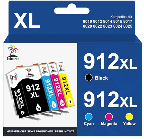 Palmtree 912 XL 912XL Multipack Kompatibel für HP 912 Druckerpatronen patronen 912 HP912 für HP Officejet Pro 8022 Patronen 8020 8022 8023 8024 8025 HP OfficeJet 8010 8012 8014 8015 8017 (4 Packung)