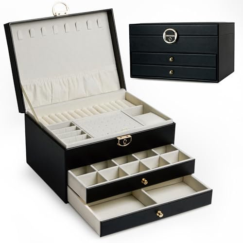 AdelDream Schmuckkasten dreistöckige Schmuckbox Schmuckschatulle mit linearem Design Schmuckaufbewahrung Geburtstags- und Feiertagsgeschenk für Damen Tochter und Freunde schwarz