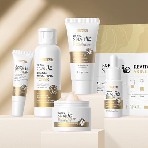 LAIKOU Schnecken Hautpflege Set, 5 Stück Gesichtspflege Set Damen Geschenk | mit Reinigungsmilch Toner Creme Augencreme Serum, für Alle Hauttypen Feuchtigkeitsspendend