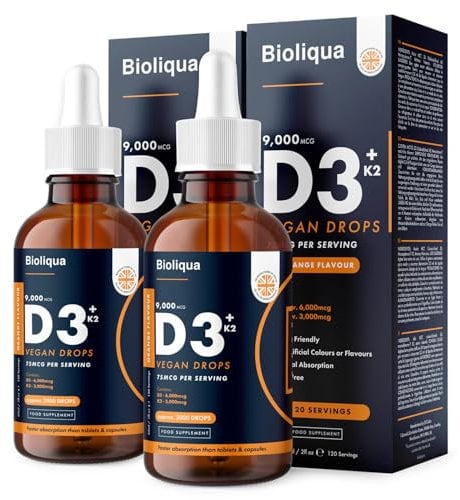 Vitamin D3 + K2 Liquid Drops - Vegan - High Strength 2000iu D3 + 25mcg K2-2 Month Supply - 120 Servings - 9,000mcg 60ml Dropper Bottle - Sublingual Fast Absorption - Made in UK by Balance (2X Pack)