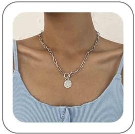 TseenYi Chunky Coin Pendant Necklace with Silver Coin Toggle Clasp and Thick Paperclip Chain