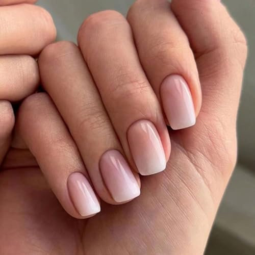 Ceboic 24Pcs French Tip False Nails Short, Square Pink White Gradient Fake Nails, Natural Full Cover Press on Nails, Acrylic Glue on Nail French Manicure Kit for Women Girls Nail Art