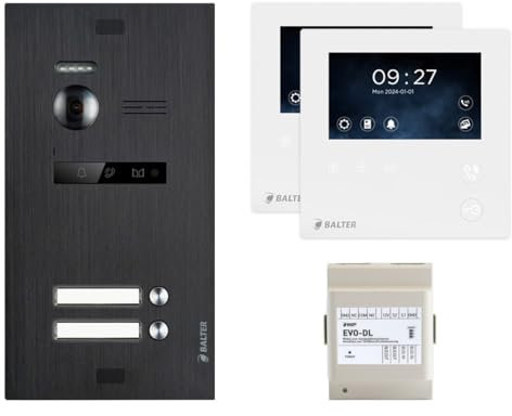 Balter EVO Schwarz/Weiß Video Türsprechanlage Set für 2 Familienhaus (1x Türstation mit Kamera, 2X 4.3 Mini Monitor, 1x EVO-DL Module, 2-Draht Bus, 150° Weitwinkel, Türöffner)