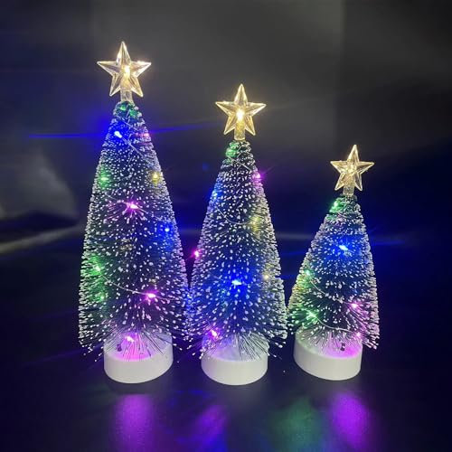 XMAS Mini Christmas Trees,3Pcs Tabletop Christmas Decorations Tree with LED Lights, Artificial Bottle Brush Desktop Small Pine Trees for Indoor Home Decor Holiday Party Gifts- Colourful