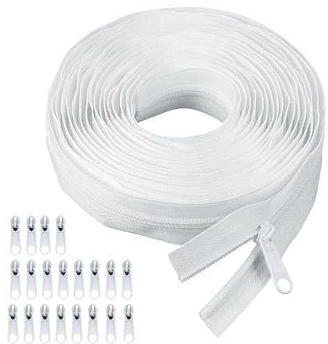 Cerniera Lampo Bianca, 10m Cerniera Lampo Bianca Continua, Con 20 Cursori in Metallo, Cerniere al Metro in Nylon, Tagliabile, Per Cucire Artigianalmente Fai Da Te Vestiti, Lenzuola, Zaini Scolastici