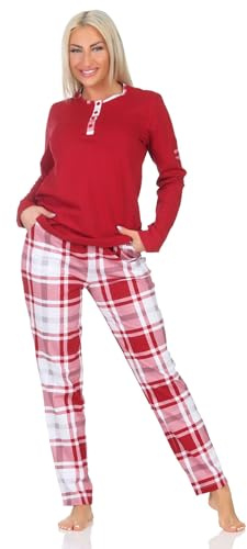 Normann Damen Schlafanzug Langarm mit Karierter Jersey Hose - auch in Übergröße, Farbe:rot, Größe:36-38