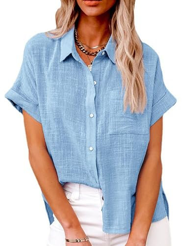 Blusas Mujer Verano Elegantes Camisas Mujer Manga Corta Tops de Algodónn (Azul,M)