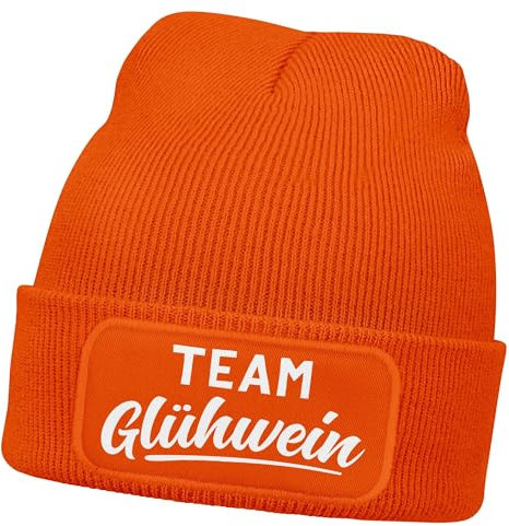 MoonWorks® Herren Beanie mit Patch Strickmütze mit Spruch Team Glühwein Aufdruck Lustig Mütze Männer Orange Unisize