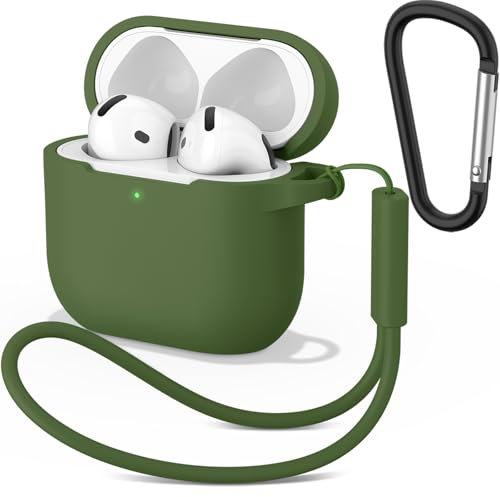 Wanme Schutzhülle für AirPods 4 Hülle, Weiche Silikon Cases, Schutzhülle Apple Airpods 4, Effektiver Stoß und Kratzschutz, Hülle mit Karabiner Und Handschlaufe, Dunkelgrün