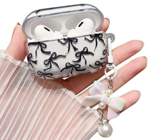 MINSCOSE Kompatibel mit AirPods Pro 2 Klar Hülle,Niedliche Bogen Hübsches Ästhetisches Design mit Bogen Perle Schlüsselanhänger,Weiche TPU Schützende Stoßfestes Hülle für Airpod Pro 2-Schwarz