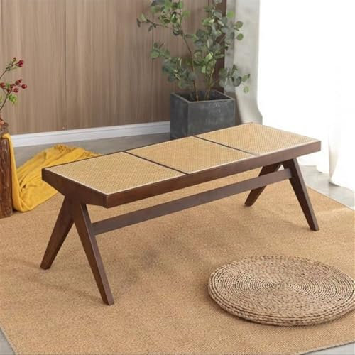 Rattan Essbank mit Massivholzrahmen, gewebte Bank für Schlafzimmer, Wohnzimmer, Flur, stilvoller Hocker für Esszimmertisch (Braun)