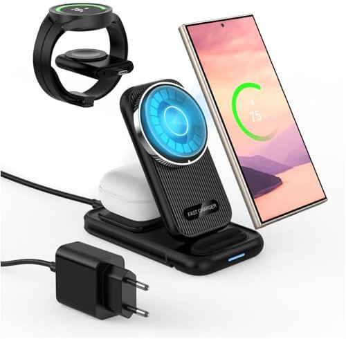 Caricatore Wireless Stazione per Samsung di MMOBIEL – 4 in 1 Supporto Magnetico Portatile Certificato Qi2 per Samsung Galaxy S25/S24/S23/S22, Watch 7/6/5, Buds – Incl. 25W Adattatore - Nero