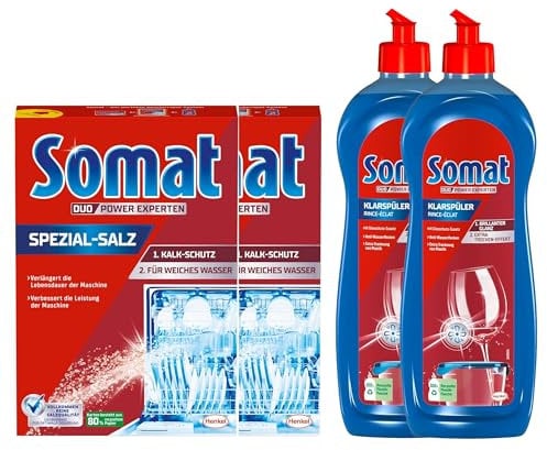 Somat 5in1 Spülmaschinenpflegeset – 2 x Spezial-Salz (1,2 kg) & 2 x Klarspüler (750 ml) – Effektive Reinigung, Extra-Trocken-Effekt & Schutz für Ihren Geschirrspüler