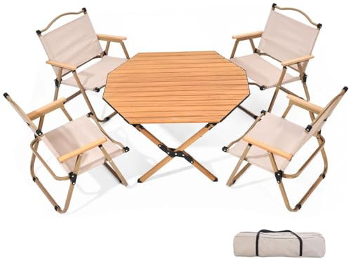 LEIYTFE Achteckiger Campingtisch Faltbar, Aluminium-Legierung Roll Up Desktop Tragbarer Tisch Camping Zubehör, Mit Tragetasche Picknick Angeln Beistelltisch(Table+4 Chairs)