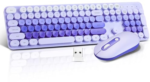 Ensemble clavier et souris sans fil, taille complète, compact, silencieux, 2,4 G, design élégant pour Windows, bureau, PC, ordinateur portable, touches rondes violettes mélangées de couleurs punk