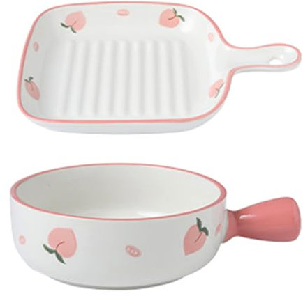 Dxcaicc Lasagneform Keramik Kreativ Frisches Obst Pfirsichmuster EIN Backblech Und Eine Backschüssel Eingriff-Backformen Für Die Mikrowelle,Rosa