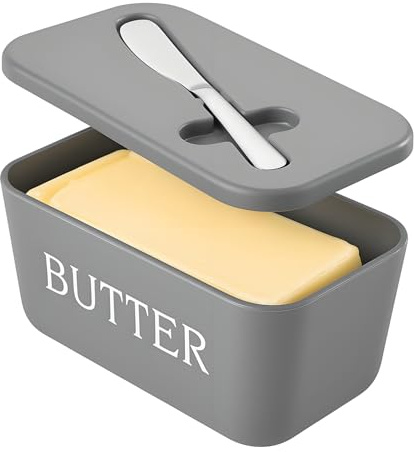 Plastic Large Butter Dish with Lid,Food Grade PP Butter Keeper with Cover,Grey Butter Container for Kitchen Refrigerator Countertop