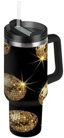 RPLIFE Glänzende goldene Discokugel-Becher mit Deckel und Strohhalm, 1,2 l, Edelstahl, isoliert, für Männer und Frauen, Reisen
