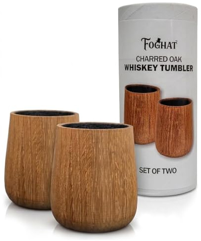 FOGHAT COCKTAIL SMOKER Charred Oak Whiskybecher (2er-Pack) – handgefertigtes Bourbon-Trinkglas aus Holz – altmodische Trinkgläser Geschenke für Männer aus echtem Fassholz – 2er-Set