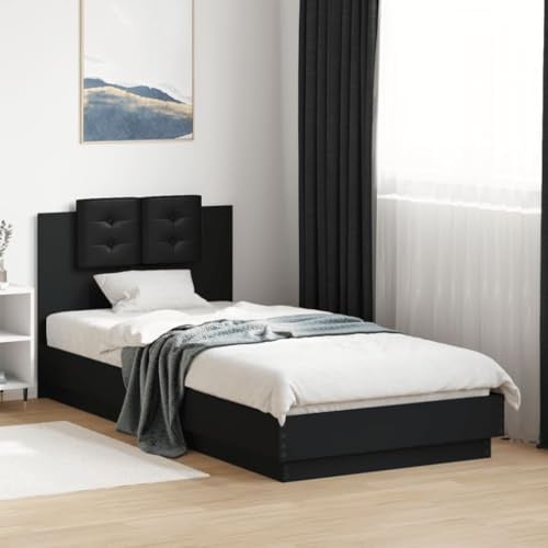 Hoodmeel Bettgestell 100x200 mit LED-Beleuchtung & Lattenrost Holzbett 100x200 mit lattenrost & kopfteil Doppelbett Jugendbett Gästebett-Schwarz-100 x 200 cm
