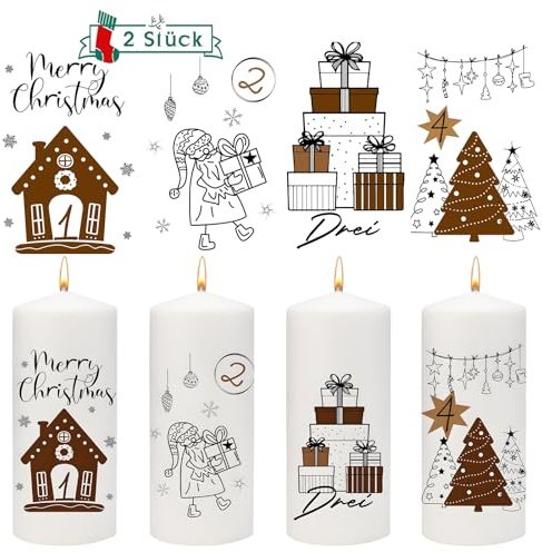 Joxessaien 2er Set Advent Kerzen Tattoo 6-8cm | Advent Zahlen & Weihnachtsmotive Geschenk Tannenbaum | Kerzenaufkleber für Stumpenkerzen Weihnachten