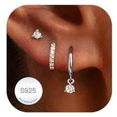 3 Paar Ohrringe Silber 925 Set Damen 14K Vergoldet Creolen Gold Silber mit Anhänger Ohrstecker Silber 925 Wasserfest Stecker Hängend Kleeblatt Ohrringe für Mehrere Piercings Ohrlöcher Schmuck Geschenk