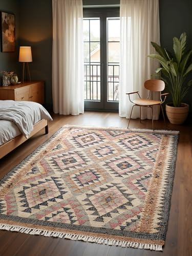 Elle Decoration Afghan Kelim Parsa - Bunter Traditioneller Wohnzimmerteppich, Handgewebt, Jute & Baumwolle mit Fransen für Wohnzimmer, Schlafzimmer - Creme Multifarben, 200x300 cm