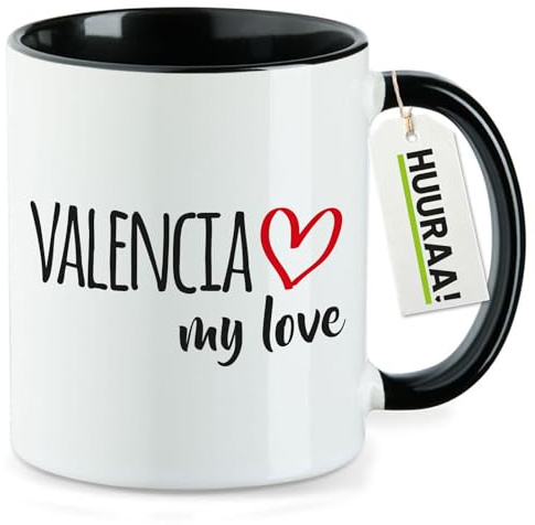 Huuraa Kaffeetasse Valencia my love Geschenk | Motivtasse 330ml Schwarz Keramik Tasse mit Spruch Kaffeebecher Geschenkidee Becher mit Motiv